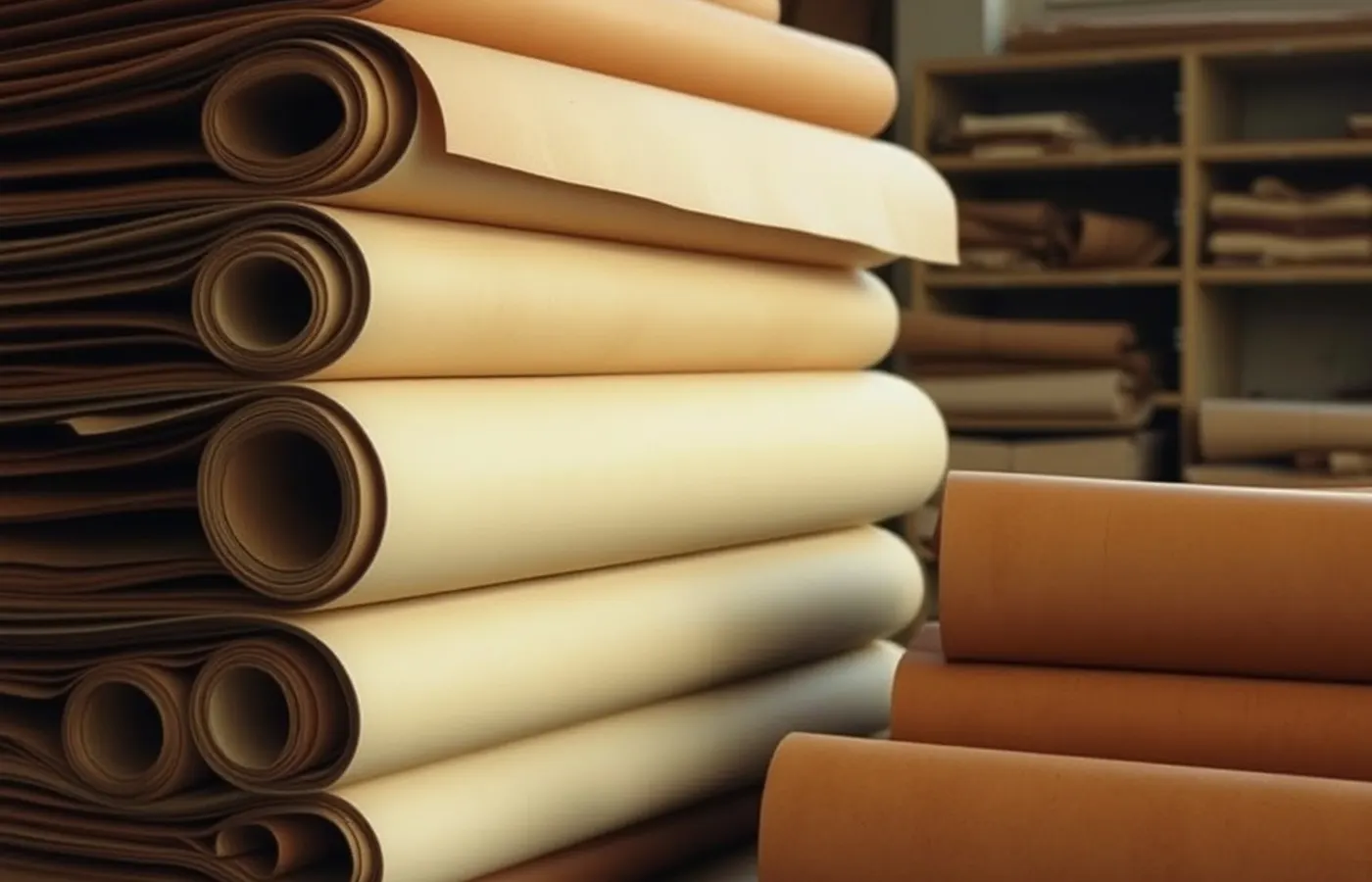 Rouleaux de cuir tanné empilés en atelier