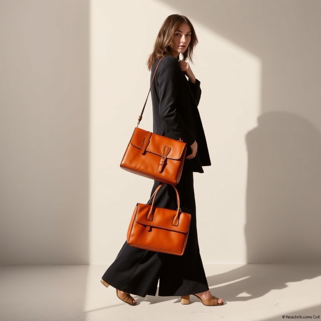 #Octave sac en cuir orange pleine fleur avec poignée et bandoulière amovible