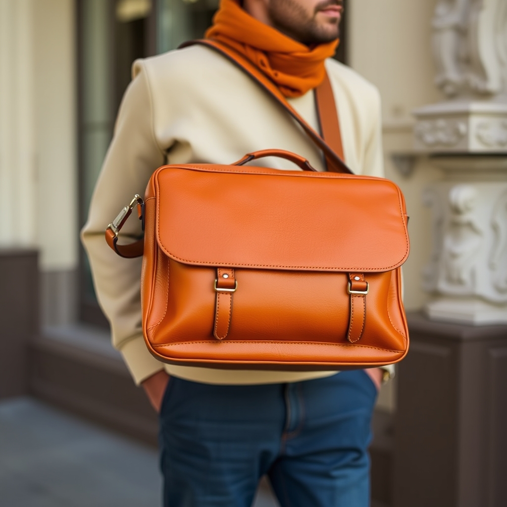 #Octave sac en cuir orange pleine fleur avec poignée et bandoulière amovible